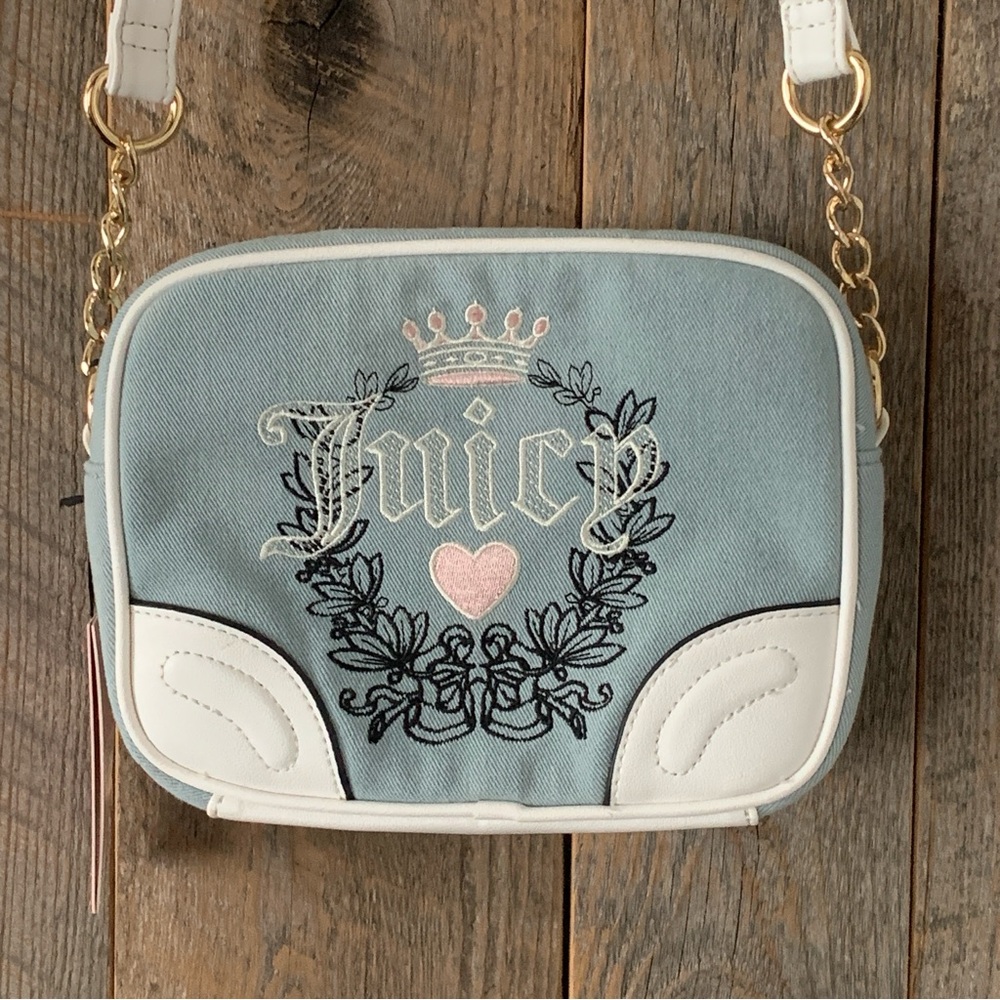 JUICY COUTURE Light Washed Denim Heritage Y2K Stitched Logo Crossbody Bag NWT